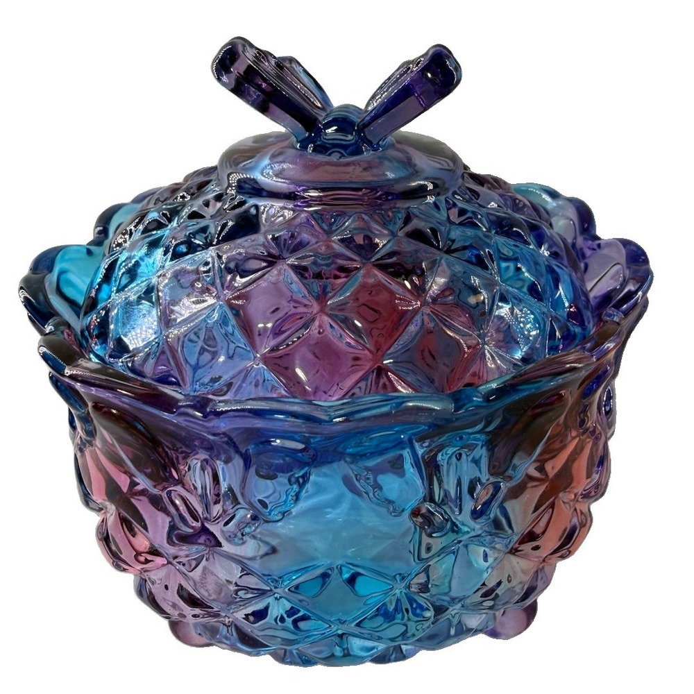 Royal Embossed Crystal Glass Candy Box Lid Footed Colorful Iridescent Jewelry 3D
